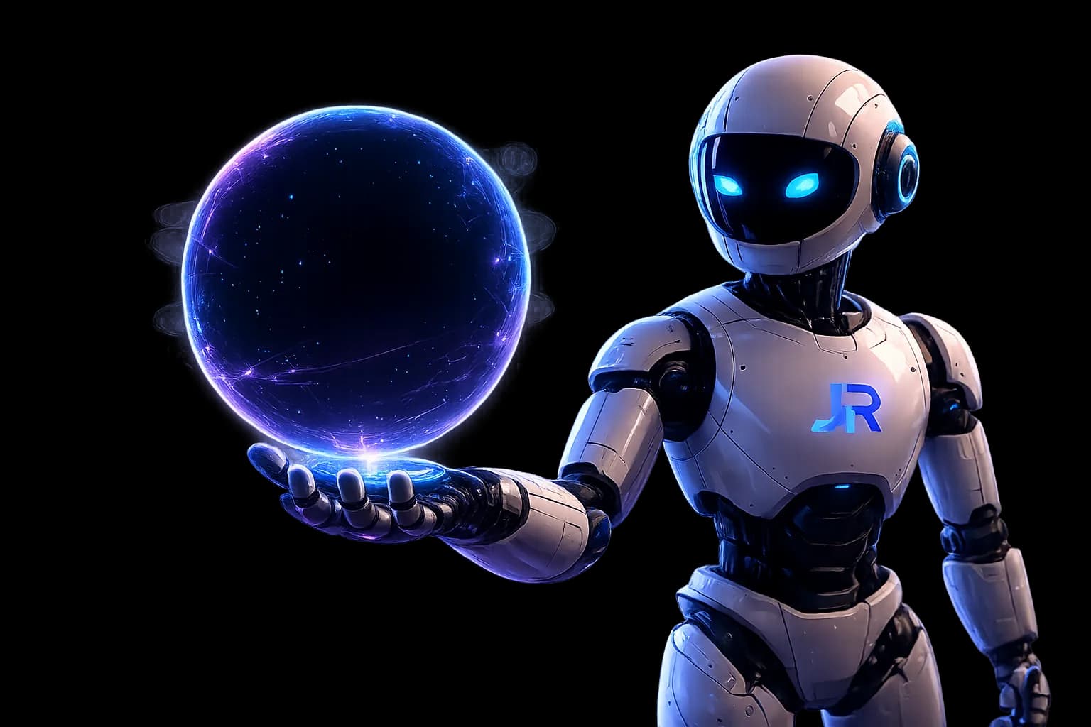 Robot JR sosteniendo una esfera holográfica con proyectos